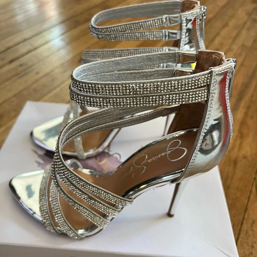 New Jessica Simpson Winifield Silver Rhinestone Heels Shoe Size 8.5 Strappy - Picture 7 of 9